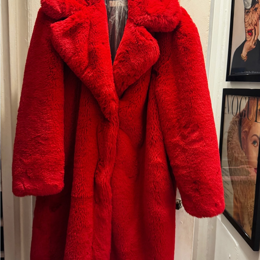 Mango Vibrant Red Faux Fur Coat